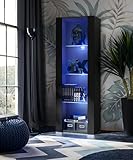 Komodee Vitrine Schrank Tivoli, Schwarz/Schwarz, Breite 55cm x Höhe 159cm x Tiefe 35cm, LED Blau, 3 Regalböden, für Wohnzimmer, Schlafzimmer, Eingang