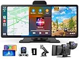 10,26 Zoll Carplay Display mit 4K Dashcam Auto Vorne,1080P Rückfahrkamera, Wireless Carplay Android Auto, Mirror Link, Navigation, Google,Siri, FM,AUX, Loop Recording, 64G SD-Karte