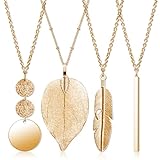 Lange Halsketten für Frauen, 4 Stück Halskette mit Anhänger im Boho-Stil Modeschmuck goldener Balken Feder Kreis Blatt Schloss Quaste Y-Halskette Schmuckset einfache Statement-Halskette für Pullover
