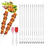 Grillspieße Edelstahl,20 Stück Grillspieße aus Rostfreiem Edelstahl + 2 Bürsten,30cm Schaschlikspieße Wiederverwendbare Grill Kabob,Grillspieße aus Rostfreiem Edelstahl für Lagerfeuer Oder Grillschale