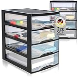 Hausfelder Schubladenbox A4 mit 4 Schubladen, 2er Set Büro Ordnungssystem für Schreibtisch, transparente Ablagesysteme Organizer, Minikommode Sortierkasten für Dokumente und Papierablage