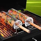 Nestbar Rollender Grillkorb Set mit Holzgriff – 2-teiliges Set mit Rollfunktion für Gemüse, Fleisch und Fisch, Tolles Geschenk für Grillfans, Camping und Vatertagsgeschenke (30/31 cm, 304 Edelstahl)
