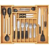 Lifewit Großer Besteckkasten für Schubladen, Verstellbarer Besteckeinsatz Breite bis zu 71 cm, Schubladen Organizer Schubladeneinsatz Küche, Tiefe 47 cm, Bambus Besteckhalter für Löffel/Gabeln/Messer