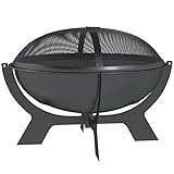 Outsunny Feuerschale Ø54 x 39 cm – Runde Feuerstelle aus Metall mit Funkenschutz & Schürhaken, Tragbarer Feuerkorb für Garten, Balkon, Terrasse & Camping, Schwarz