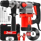 Delphi SDS Plus Bohrhammer 2200W mit 3 Funktionen Abbruchhammer Bohrmaschine Meißelhammer mit Koffer 2,8m Kabel 4J Schlagenergie SDS Plus Bohrer und Meißel Zubehör Set