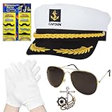 Zkaoai Kapitänsmütze Matrosenmütze, Kapitän Matrosen Kostüm, Kapitänsmütze Kostüm, Marine Mütze, Handschuhe, Sonnenbrille, Kapitän Prop, Abzeichen, Marine Hut für Karneval Mottoparty Partys Cosplay