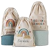 Papierdrachen 3 Geschenksäckchen zum Geburtstag - Regenbogen - aus Baumwolle - wunderschön und hochwertig bestickt - ideal zum Verpacken von Geschenken - Größe 20x30 cm mit Zugband