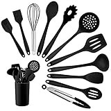 Homikit Silikon Küchenhelfer Set, 12 Stück Schwarz Kochutensilien Kochgeschirr, Hitzebeständiger Kochbesteck Set mit Utensilienhalter, Gesund & Antihaft, Spülmaschinengeeignet