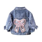 Jeansjacke Mädchen Kinder Modische Übergangsjacke mit Blumen Bestickte Langarm Denim Jacket Süß Schmetterlingsknoten Jeansjacket Herbst Lässige Cowboy Mantel Jeansmantel Outdoor