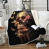 Schafwolldecke 130x150 cm 3D Rosenschädel Lila Leopard extra weiche Wohndecke Flauschige Wolldecke WolleGemütliche Warme Tagesdecke Sofaüberwurf für Geeignet Wohnzimmer Schlafzimmer