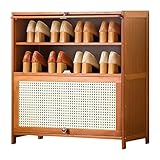 Schuhschrank aus natürlichem Bambus, freistehendes Rattan-Regal mit atmungsaktiven Klapptüren und oberer Ablage für Sneaker, Lederschuhe und High Heels – Eingangsbereich