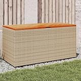 Homgoday Gartentruhe Gartenbox mit Stauraum Sitztruhe Kissenbox Auflagenbox Aufbewahrungsbox Kissentruhe Auflagentruhe Aufbewahrungsschrank Beige 110x50x54 cm Poly Rattan Akazienholz