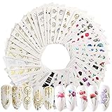 JNCH 54Pcs Gold Nagelsticker Silber Wassertransfer Blumen Nagelsticker Nail Art Stickers Set Nagel Aufkleber Selbstklebend Nail Kunst Aufkleber für Frauen Mädchen Maniküre DIY Nagelstudio