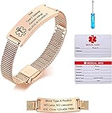 Notfallarmband Medizinisch Damen Personalisiert Uhrenarmband:VNOX Personalisiertes ID Armbänder mit Gravur Verstellbares Medizinischer Armband aus Edelstahl Männer,Roségold