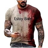 Manschetten Hemd Lässiges Rundhals-Shirt mit Halloween-Motiv und Blut-Grafik in Übergröße für Männer mit Aufdruck in Volltonfarbe und kurzen Ärmeln Tops Herren Satin (Watermelon Red, M)