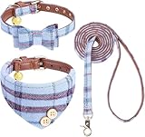Hundehalsband und Leine mit Fliege, Set für kleine Hunde – Welpenleine Halsbänder klassisch beige kariert – verstellbare Größe mit Goldener Glocke – perfekt für mittelgroße Rassen Jungen
