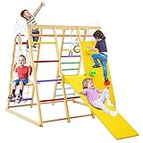 COSTWAY Klettergerüst Indoor, 8 in 1 Strickleiter & Pull Up Bar & Turnringe & Leiter & Rutsche & Kletternetz & Kletterfelsen & Schaukel, Indoor Spielplatz ab 3 Jahren (Bunt)