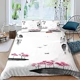 Bettwäsche 155x220 Japanische Landschaft Bettbezug 3D Druck Rosa Blumen Bettbezüge Kuschelig Weich Mikrofaser Deckenbezug 155x220 cm mit Reißverschluss + 2 Kissenbezüge 80x80 cm B-6381