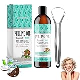 Kokosnuss-Ziehöl für die Zähne, Kokosöl, Mundziehöl mit Kokosnuss & Pfefferminzöl, Minzöl zum Ziehen von Mundwasser mit Zungenschaber, Kokosnussöl für Zähne frischen Atem,100ml