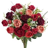 Luabue Kunstblumenstrauß Rosen mit Eukalyptus und Lavendel Künstliche Blumen Rot Blumenstrauß Künstlich Wie Echt Seidenblumen für Hochzeit Valentinstag Muttertag