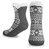 BOER Haussocken für Damen, flauschige Socken, Winter, Damen, rutschfest, weich, gemütlich, mit Fleece gefüttert, flauschige Socken, gestrickt, warme Haussocken, grau, Einheitsgröße