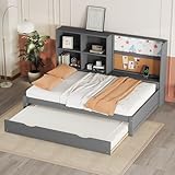 Gegtuon Schlafsofa Kinderbett 90x200 mit USB-Anschluss und Tafeln, Sofabett Daybett mit Ausziehbares Bett und Stauraum Regal, Einzelbett Tagesbett mit Lattenrost für Kinderzimmer, ohne Matratze (Grau)