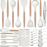 Küchenhelfer Set, 26 Stück Silikon Kochutensilien Kochbesteck Set, Hitzebeständiger Kochgeschirr mit Utensilienhalter, Antihaft Kochset Küchenutensilien mit Holzgriff, Tongs, Whisk, Spatula - weiß