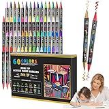 Acrylfarbenstifte - Malvorlagen | Doppelseitige Marker Pinselspitze | Filzstifte | Acrylmarker | Journaling -Marker | Farbmarkierungen | Stiftset | 60 Farben Acrylfein und Pinselstift