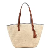 TIAASTAP Strohtaschen Damen, Sommer Strandtasche Stroh Groß Geflochten Korbtasche Stroh Handtasche Basttasche mit Reißverschluss und Leder Schultergurt für Strand Reise Einkauf, Beige