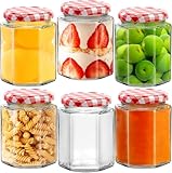 Showvigor Marmeladengläser aus Glas Mit Rotem Gingham-Deckel, 280 ml, Sechseckig Transparent Luftdicht, Zum Einlegen, Chutney, Marmelade, 6pcs