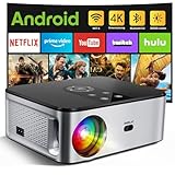 HORLAT Beamer 4K Heimkino Unterstützt, 25000 Lumen, Beamer Full HD 1080P Android 9.0, WiFi 6 Bluetooth Projektor, Auto/4P Trapezkorrektur, 50% Zoom, Smart Beamer mit Netflix/YouTube/Prime Video