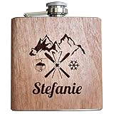 Ski Holz Flachmann mit persönlicher Namens Gravur Geschenk Skifahrer Skifahren Skiurlaub Winter Urlaub in Bergen Alkohol Après-Ski Männer Frauen