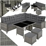 tectake Polyrattan Lounge Set, Gartenmöbel Set mit Sofa, Hocker + Tisch, Balkon Möbel Outdoor, 5-teilige Sitzgruppe, inkl. Sitz- & Rückenkissen, ideal für Garten, Terrasse, Balkon - grau/beige