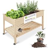 Juskys Hochbeet Freya mit Rädern - 123 x 83 x 60 cm - Holz, Vliesstoff & Ablage - Beet für Balkon, Kräuterbeet, Salatbeet, Gemüsebeet, Pflanzkübel, Garten, Terrasse