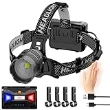 WholeFire Wiederaufladbare LED Kopflampe 20000 Lumen, Superhelle Stirnlampe mit 3 Lichtmodi & Bewegungsmelder, 90° Einstellbar & Wasserdicht Kopflampe für Camping, Laufen, Wandern