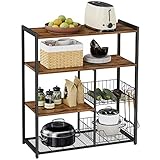 VASAGLE Küchenregal, Standregal mit 2 Metallkörben, Bäckerregal mit Haken und Regalablagen, Mikrowellenregal, 35 x 80 x 93,5 cm, vintagebraun-schwarz KKS96X