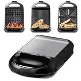 Steinborg 3in1 Sandwichmaker XXL | 3 auswechselbare Platten | 1200 Watt | Kontaktgril | 4er Sandwich Maker | Multigrill | Waffel Eisenl | Elektrogrill | Waffeleisen, Siler/Schwarz