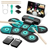 CAHAYA Elektronisches Schlagzeug für Kinder mit Handhaben: Aufrollbar E-Drum-Set 9-Pads Mit 2 Pedal Eingebauter Stereo-Lautsprecher - Unterstützt Kopfhörerausgang 10 Stunden Akkulaufzeit- CY00387-1