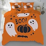 Tyafsgvqo Boo Halloween Bettwäsche 200x200 cm, Kawaii Geister Orange Bettbezug Mikrofaser, Fledermaus Kürbis Deckenbezug Bügelfrei, Wendebettwäsche mit 2 Kissenbezug - fur Kinder Jungen Mädchen
