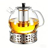 1500 ml Silberne Teekanne mit Stövchen - mit Edelstahl Stövchen Teewärmer und abnehmbarem Sieb, Glas Borosilikatglas，hitzebeständig, geeignet für grünen Tee, schwarzen Tee, Kräutertee und TeebeutelTee
