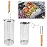 2 Stück Nestendes Rollendes Grillkorb Set mit abnehmbarem Holzgriff, Rolling Grilling Basket, Grillkorb Edelstahl mit Gabel, für Camping und Terrassengrills Freien, für Gemüse