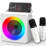 Ankuka Karaoke-Maschine für Kinder Erwachsene, tragbarer Bluetooth-Lautsprecher mit 2-drahtlosen Mikrofonen（Weiß）