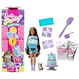 Barbie Party Unboxed Puppe und Accessoires, Haustier-Geburtstagsserie, Party Stars-Set mit 10 Überraschungen inklusive Farbwechseleffekt und Kuchendekoration, JFG72