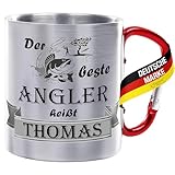Crealuxe Edelstahltasse mit Karabiner - Der Beste Angler heißt Wunschname - 330ml Tasse personalisiert mit Gravur, Kaffeetasse, Bürotasse, Metalltasse mit Name, Angelzubehör