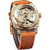 FORSINING Herren-Armbanduhr, modisch, klassisch, Skelett, quadratisch, transparentes Zifferblatt, automatisch, mechanische Armbanduhr, Leder, leuchtend, wasserdicht, Golden 1, Armband