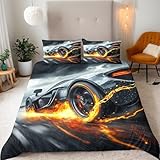 Bettbezug 220x240 Set Rennen Motiv Bettwäsche 220x240 3-teilig Geschwindigkeit Flamme 3D Druck Mikrofaser Bettbezügen mit 2 Kissenbezügen 80x80 cm und Reißverschluss Eckbänder