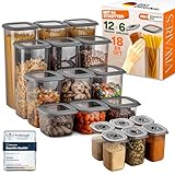 Viwares Vorratsdosen Set 18-teilig – inkl. 2,0L Spaghetti Box & 6 Gewürzdosen mit Dosierdeckel – stapelbare Aufbewahrungsboxen mit Deckel, luftdicht, BPA-frei & 52 Etiketten