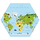 wandmotiv24 Hexagon-Fototapete Weltkarte mit Tieren, selbstklebendes Vlies 150g - Groß - (150x129cm) M0011