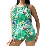 Luxus unterwäsche Damen 2024 Sommer Damen-Badeanzug in Übergröße, 2-teiliges Tankini-Set, tropischer Blattdruck, Bauchkontrolle, Badeanzug mit Shorts, Badebekleidung A2-Green S