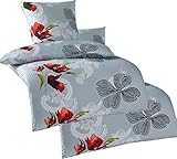 KH-Haushaltshandel 4-TLG. Seersucker Bettwäsche 2X 135x200 +80x80cm, grau, Blüten, bügelfrei, Microfaser (W401050)